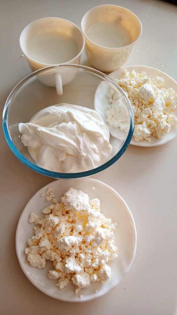 Cottage Cheese on Plates and a Bowl of Sour Cream