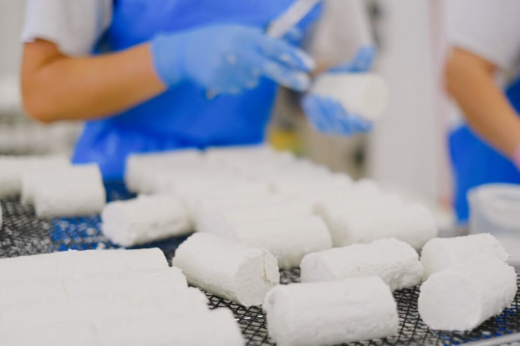 Close up of White Cheese in a Factory and Workers in Blue Aprons in Background